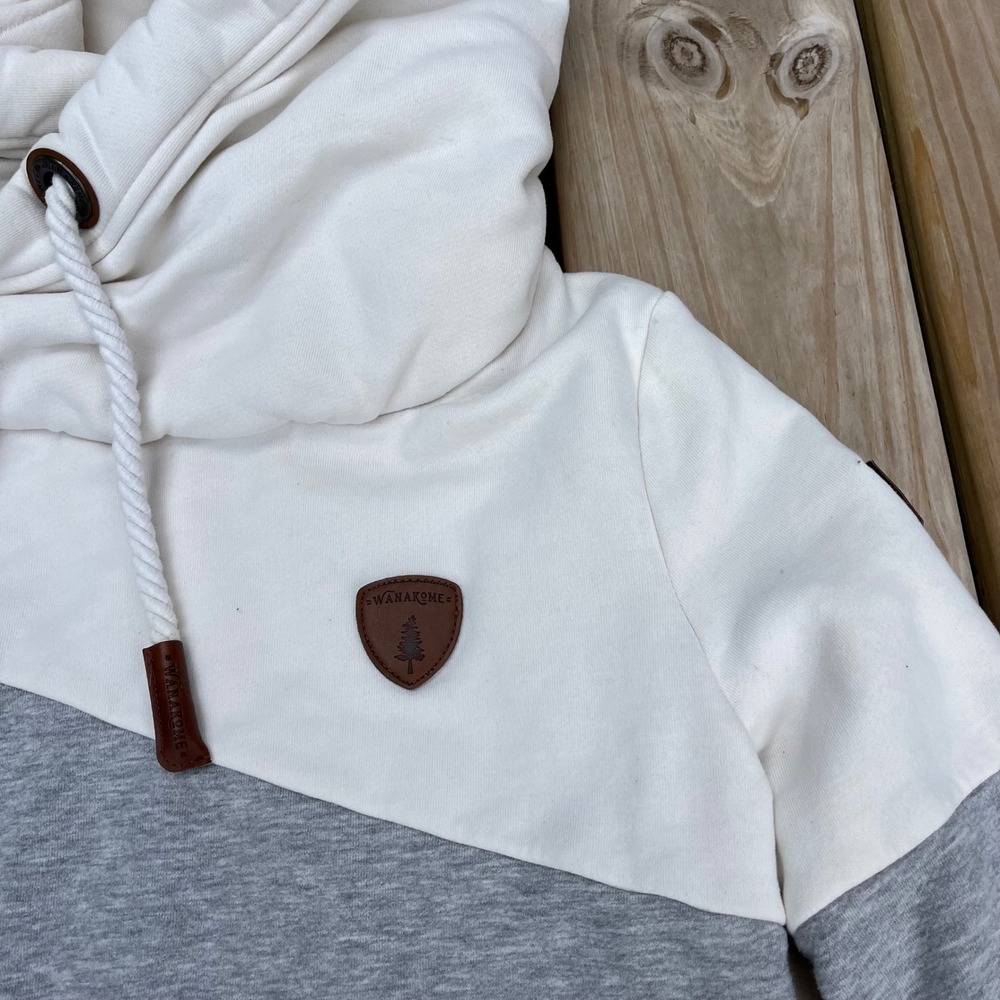 Wanakome Hooded Sweatshirt Selene Hoodie Ivory Gray Olive Green Small - Picture 3 of 6